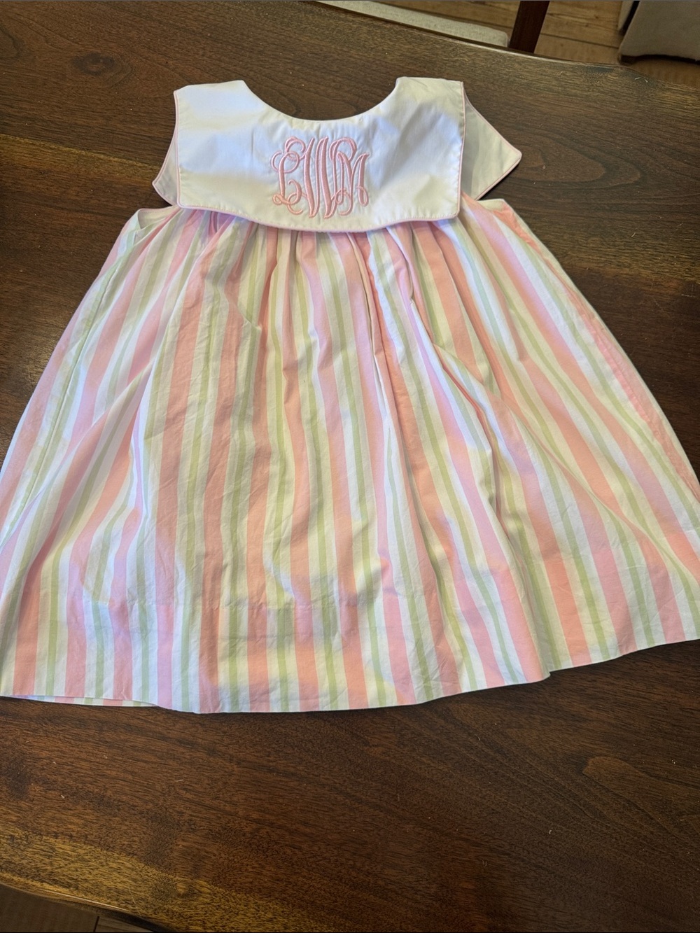 The Smocking Place Pink & White Striped Smocked Baby Dress with Monogram “LWM”
